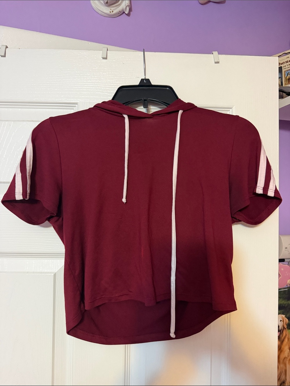 Charlotte Russe Burgundy Cropped Short Sleeve Hoodie with White Drawstrings